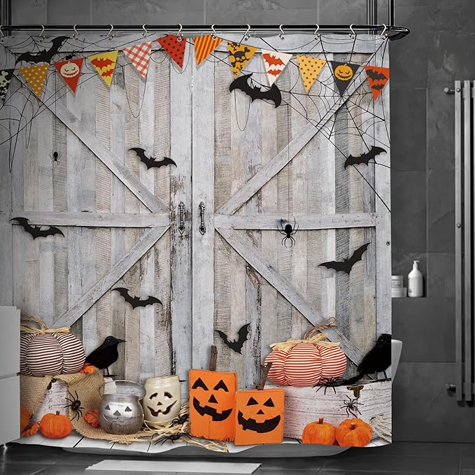 Halloween Pumpkin Bat Shower Curtain 60Wx72L Inch Horror Spooky Scary Barn Door Farmhouse Rustic Wood Wooden Holiday Bathroom Set Accessories Decor with 12 Pack Hooks