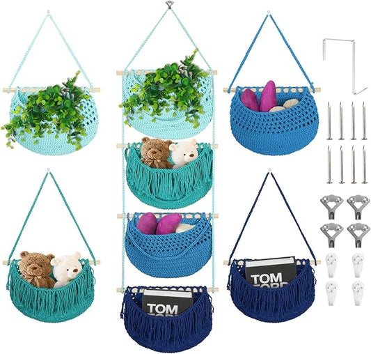 4 Tier Hanging Fruit Basket for Kitchen, 4 Pack Detachable Cotton Crocheted Wall Hanging Basket Over Door Organizer for Fruit Veggie Plant, Hanging Shelves for Bedroom Bathroom (Mixed Color)