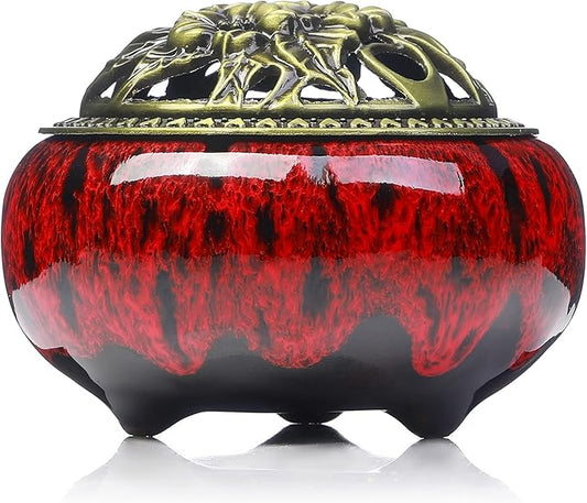 Incense Burner with Calabash Incense Stick Holder - Porcelain Charcoal Censer for Use with Resin Granular Powder Cone or Coil Incense (Kiln-Colored Red)