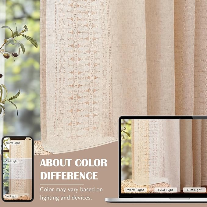 jinchan Boho Curtains for Bedroom Beige Linen Blend Curtains Farmhouse Embroidered Bordered Living Room Drapes 90 Inch Length Bohemian Light Filtering Grommet 2 Panels Ivory on Beige