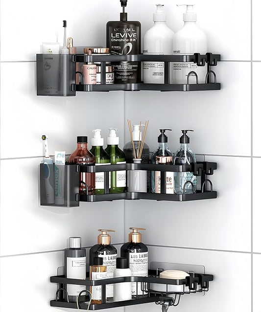 Corner Shower Caddy,3 Pack Rustproof Corner Organizer Shelves,No Drilling Stainless Steel Shower Organizer for Bathroom,Bathtub,Shower Pan,Bath Accessories Shower Caddies(Black)