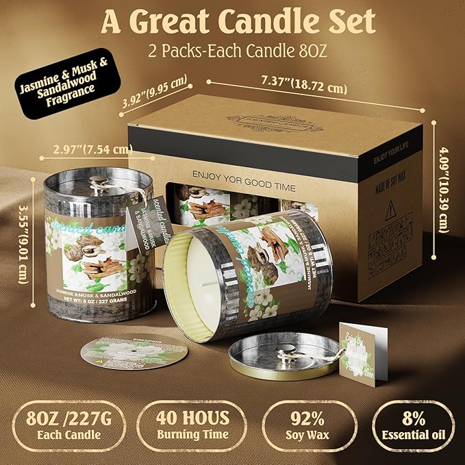 Vintage Scented Candles Gift Set (2 x 8 oz) - Jasmine, Musk & Sandalwood Aromatherapy Candle, Natural Soy Wax Candle, (2 x40) Hours Burn,8% Fragrance Oil, Holiday Gifts for Home Decor & Christmas