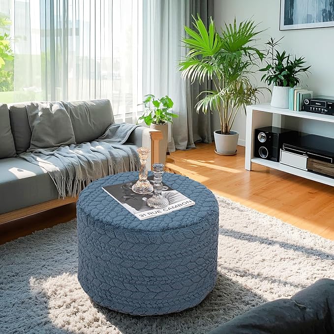 Round Pouf Ottoman 20 x 20 x 14 Inches Boho Poof Home Decor Floor Pouffe Ottoman Foot Rest for Couch Sofa Bean Bag Chairs Living Room Bedroom (Misty Blue)