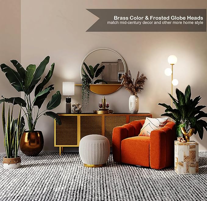 Fiqevs Floor Lamp, 3 Globe Mid Century Floor Lamps for Living Room with Sphere Frosted Glass Shade and 3 2700K LED Bulbs, Vintage Modern Gold Standing Lamp for Bedrooms, Office - Antique Brass