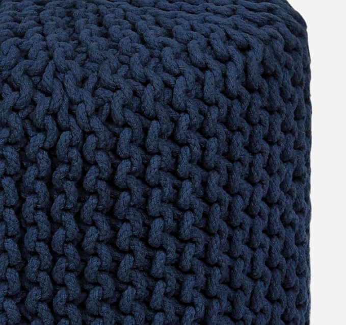 COTTON CRAFT Braided Round Pouf - Hand Knitted Cotton Cord Cable Dori Cylindrical Ottoman - Foot Stool - Floor Pouf - Footrest - Accent Seat - Living Room Bedroom Dorm Décor - 15 Round x 16 H - Blue