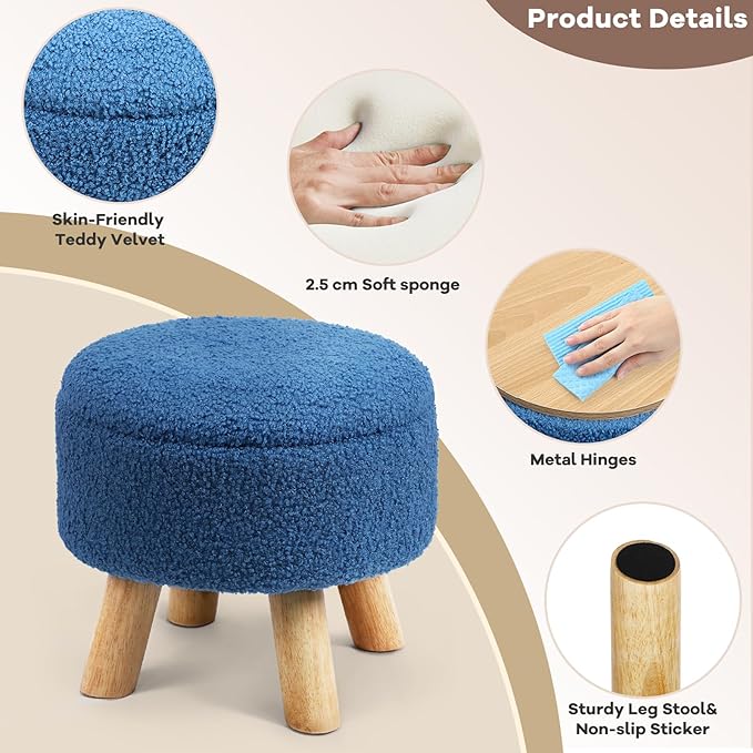 Ottoman Foot Rest, Small Round Ottoman with Storage, Boucle Teddy Velvet Footstool with Wood Legs, Soft Sponge Storage Ottoman for Living Room, Bedroom, Couch, Enterway (Dark Blue)