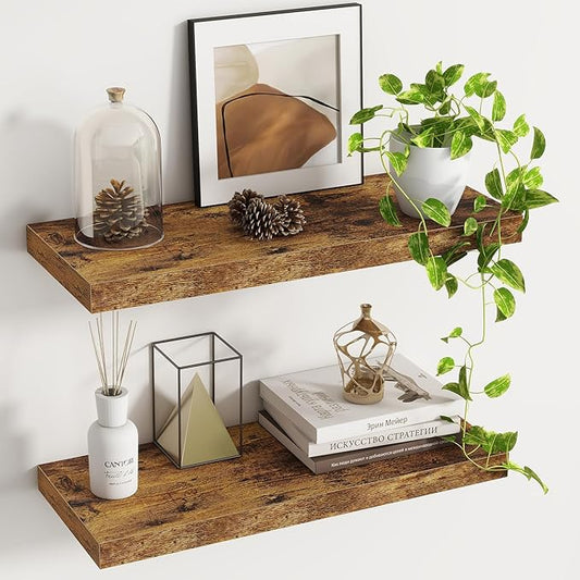 Fun Memories Floating Shelves - 2 Pack 9.3 Inch Deep Rustic Wooden Wall Shelves - Wall Mounted Storage Shelf with Invisible Brackets, 24" W x 9.3" D x 1.6" H - Brown