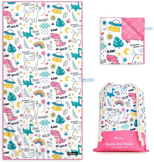 Kids Beach Towel 60''x30'', Quick Dry, Sand Free, Compact, Lightweight, Absorbent, Large Girls & Boys Microfiber Towels for Pool, Swim, Cruise Essentials, Unicorn