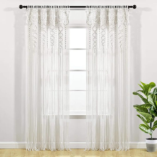 Lush Decor Boho Macrame Textured Cotton Window Curtain Panel, Single Panel, 40" W x 95" L, White - Doorway Room Divider, Wedding Or Wall Decor - Boho Macrame Curtain for Windows
