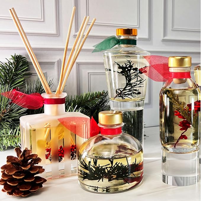 LOVSPA Holiday Cinnamon Pine Cones Reed Diffuser Oil Gift Set | Fir Needles, Cinnamon Sticks, Clove Buds, Sandalwood & Cedarwood | Winter Scent | Modern Striped Glass Bottle | Made in The USA