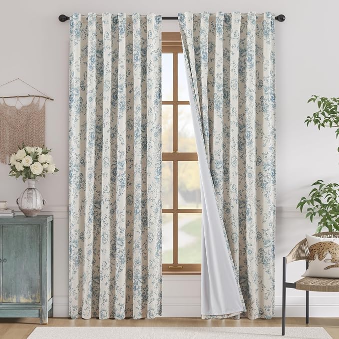 jinchan Blackout Linen Blend Curtain Floral Blackout Curtains for Living Room 90 Inch Length Blue Printed with Lined Blackout Curtain for Bedroom Farmhouse Curtains Set 2 Panels