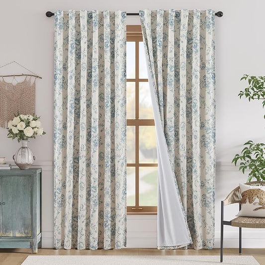 jinchan Blackout Linen Blend Curtain Floral Blackout Curtains for Living Room 90 Inch Length Blue Printed with Lined Blackout Curtain for Bedroom Farmhouse Curtains Set 2 Panels
