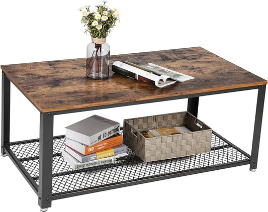 VASAGLE Coffee Table for Living Room, 2-Tier Cocktail Table, Center Table with Mesh Shelf, Steel Frame, Adjustable Feet, Industrial Style, Rustic Brown and Black ULCT61X