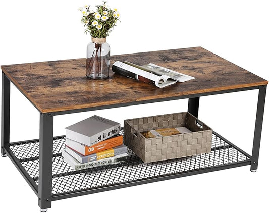 VASAGLE Coffee Table for Living Room, 2-Tier Cocktail Table, Center Table with Mesh Shelf, Steel Frame, Adjustable Feet, Industrial Style, Rustic Brown and Black ULCT61X