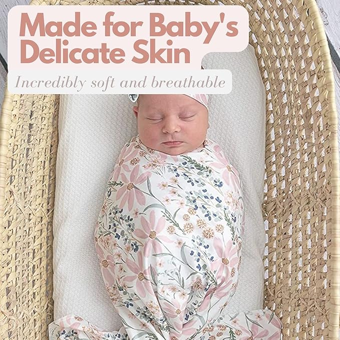 Newborn Baby Girl Receiving Blanket Swaddle Blanket Stretchy Knit Swaddle Set with Matching Headband and Beanie with a Name Card (Golden Floral)