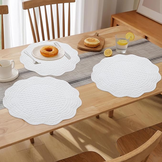 HOMBYS Quilted Placemats Set of 6 Washable Round Placemats for Kitchen Table-100% Cotton Fabric 13 Inch Round Table Mats, Cotton Fabric with Microfiber Filling, (13"x13", Pure White)