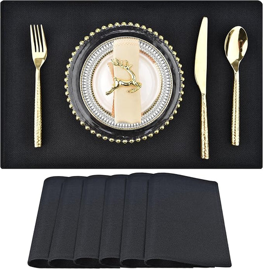 Black Cloth Placemats Set of 6 - Double Thickened Easy to Clean Linen Style Fabric Placemats - Machine Washable Placemats- Heat Resistant Non-Slip Table Mats - 18x12 Inch (Black, 6)