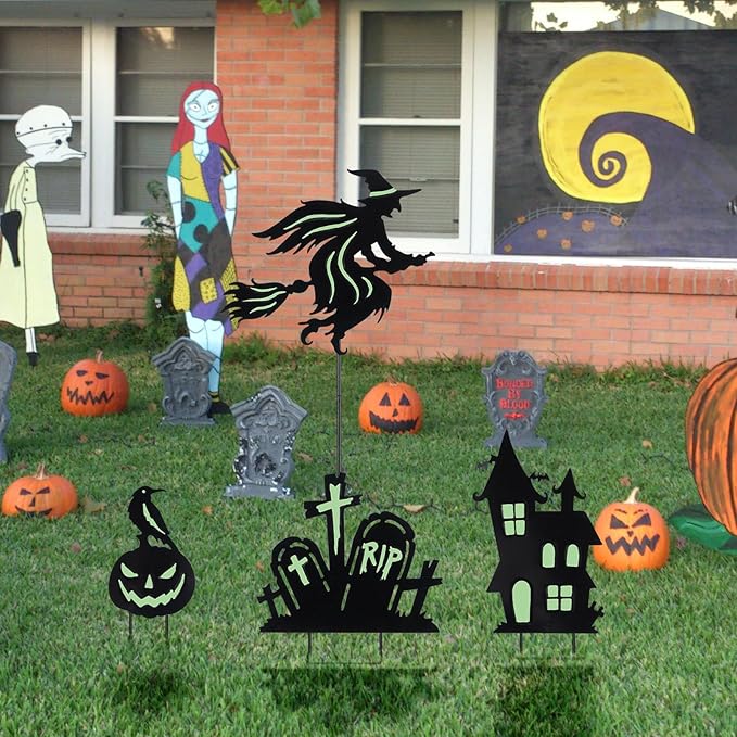 BRIGHTDECK Halloween Outdoor Yard Decorations, Set of 3 Glow in The Dark Witch Broom Fluorescent Waterproof Metal Stakes for Lawn Garden Halloween Decor (Flying Witch Tombstone Pumpkin Haunted House)