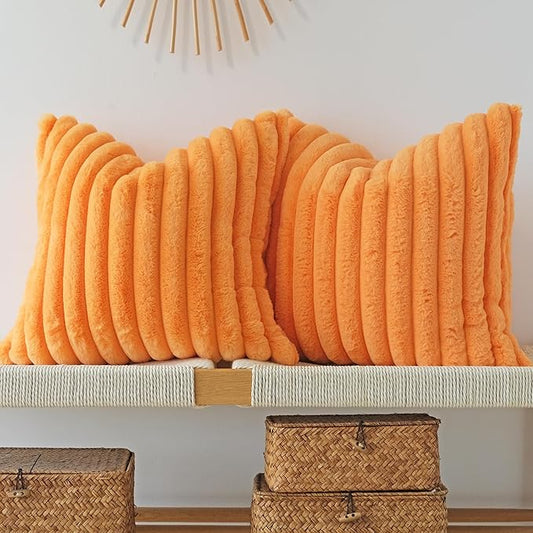 JOJUSIS Pack of 2 Faux Fur Plush Decorative Throw Pillow Covers Couch Cushion Case Soft Pillowcases (Orange, 16 x 16-Inch)