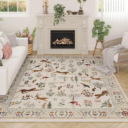 Living Room Rug 6x9 Rug Machine Washable Boho Area Rug Non Slip Floral Animal Vintage Low Pile Large Rug for Living Room, Bedroom, Farmhouse, Dining Room, Kids Playroom (Beige)
