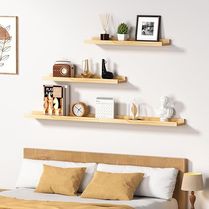 Picture Ledge Shelf, 16 inch Solid Pine Wood Floating Shelves, Floating Book Shelves for Living Room Bedroom Kitchen Decor, Natural Unfinished, No Stain, DIY, Set of 4 (Maple Wood, 4Pack 16inch)