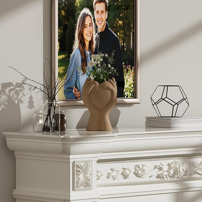 8 Inch Heart Hand White Ceramic Vase - Unique Modern Aesthetic Flowers Vase for Living Room Bedroom Office Kitchen Table Centerpiece or Shelf Decor - Gifts for Wedding Bridal Shower Women Mom (Brown)