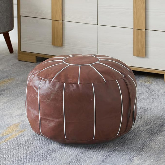 Louis Donné Unstuffed Pouf Ottoman Cover, Handmade Moroccan Foot Stool for Foot Rest, Round Faux Leather Small Bean Bag with Storage Solution, Floor Pouffe Footstool for Living Room, Bedroom Balcony