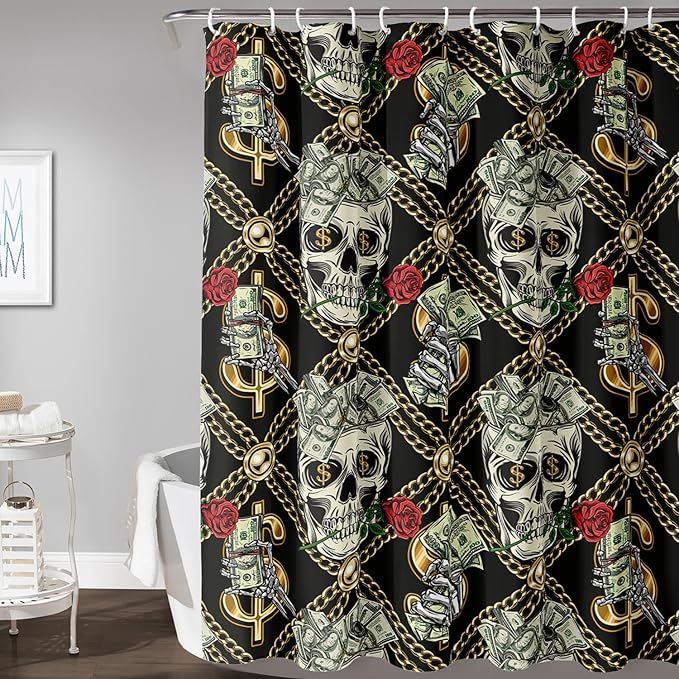 AILONEN Skull Shower Curtain for Boys,Gold Money Skeleton Bath Curtain for Decor,Luxurious Skull Print Shower Curtain with 12 Plastic Hooks,Waterproof 72" W*84" H