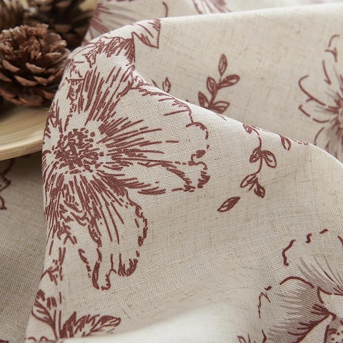 jinchan Linen Blend Curtain Floral Curtains for Living Room 63 Inch Length Brick Red Printed Curtain Rod Pocket Back Tab Farmhouse Peony Flower Patterned Drapes Bedroom Window Curtains Set 2 Panels