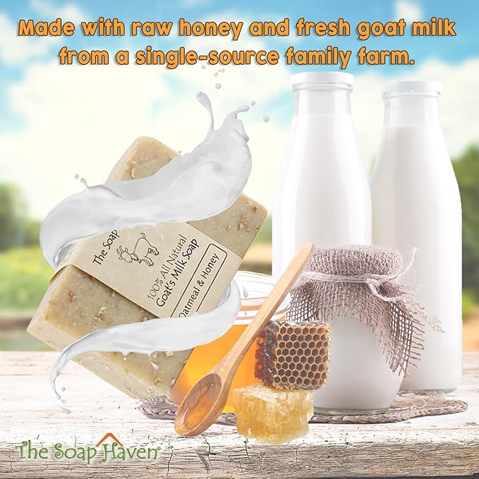 Oatmeal Soap - 4 Oatmeal & Honey Goat Milk Soap Bars, Handmade in USA, All Natural, Unscented, SLS Free, No Parabens