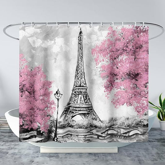 AILONEN Paris Tower Shower Curtain,Retro Gray Tower Waterproof Shower Curtain Set for Boys Kids Teens, 72" W*84" H Cherry Tree Eiffel Tower Pen Drawing Style Shower Curtains