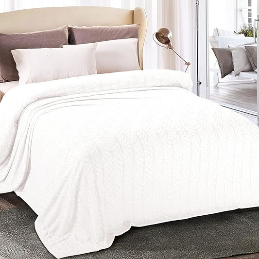 Whale Flotilla Flannel Fleece Queen Size Blanket for Bed, Soft Fluffy Velvet Bedspread Coverlet with Decorative Vintage Pattern for All Season, Warm and Lightweight, 90x90 Inch, White