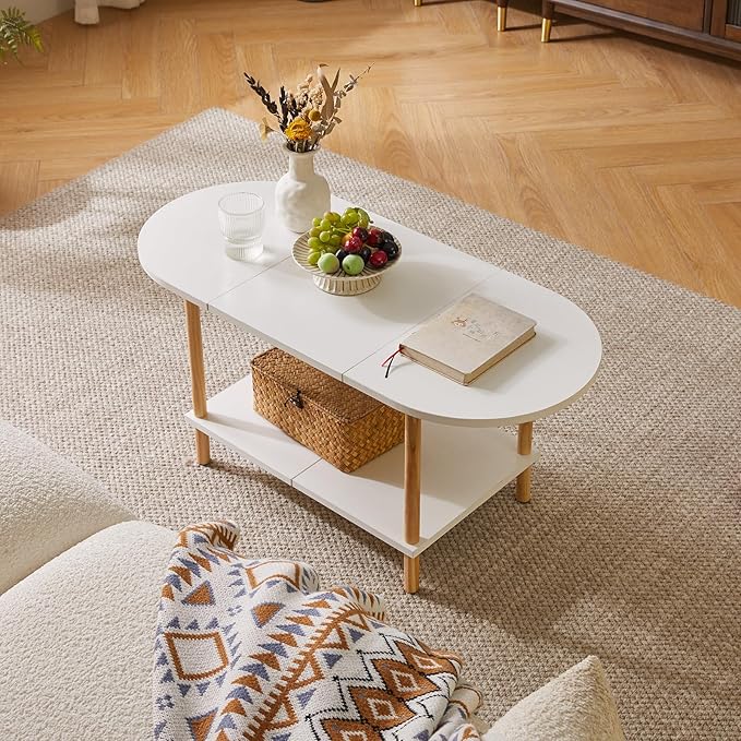 Oval Coffee Table White, Small Wooden Coffee Table for Small Space, Splicing Design 35 * 16 * 17in, 2 Tier Center Table for Living Room White YD-011W