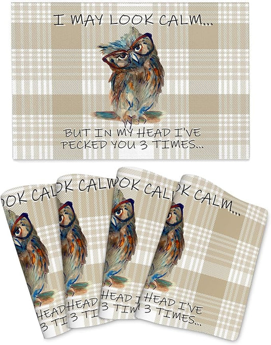 Funny Owl Placemats Set of 4, Cute Buffalo Plaid Table Mats, Heat Resistant Washable Linen Place Mats for Kitchen Dining Tables Farmhouse Decoration 12x18 Inch