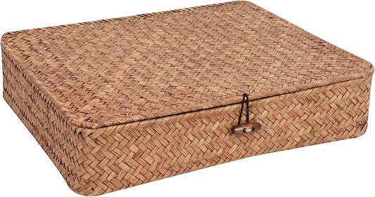 Flat Wicker Shelf Baskets with Lid, Handwoven Seagrass Basket Boxes for Storage Baskets Bins Home Decor Organizer (Coffee Large)