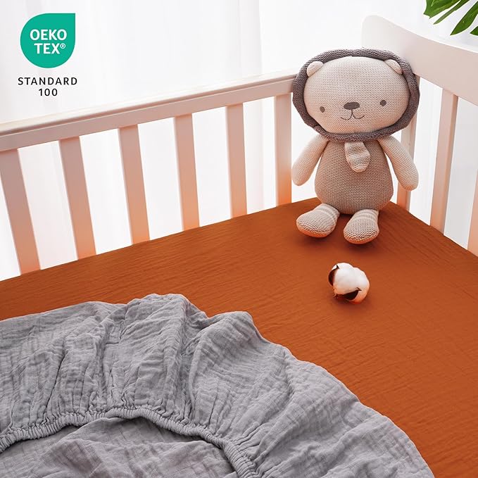Muslin Crib Sheets for Boys Girls, 2 Pack 100% Cotton Soft Breathable Fitted Baby Sheet Set, 28x52 Inch Fits Standard Crib and Toddler Mattresses, Brown & Grey