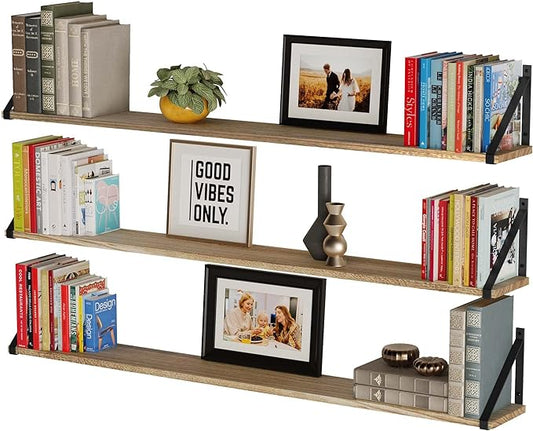 Wallniture Bora Long Floating Shelves, Wall Bookshelf Living Room Decor Book Shelves for Office, Kitchen Organization Bedroom Decor Burnt, 48"x6" Set of 3