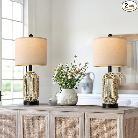 OYEARS 21" Boho Table Lamps Set of 2 for Living Room, Bedside Lamps for Nightstand, Rattan Lamp for Bedroom, Farmhouse Table Lamps for Boho Decor, End Table, Retro, Black