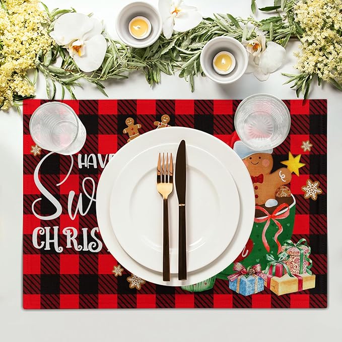 Giwawa Gingerbread Placemats Set of 4, Have A Sweet Christmas Red Black Buffalo Plaids Place Mat, Winter Hot Cocoa Cookie Table Mats 12"x18" for Kitchen Dining Holiday Party Decor