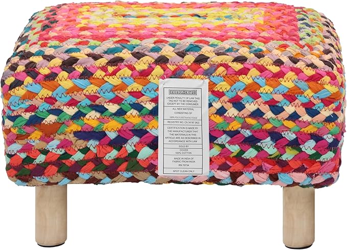 COTTON CRAFT Multi Chindi Footrest - Braided Cotton Rag Rug Foot Stool Ottoman with Sturdy Wood Legs – Handmade Boho Leg Rest - Small Spaces Under Desk Living Room Entryway Low Footstool - 16.5x12x9.5