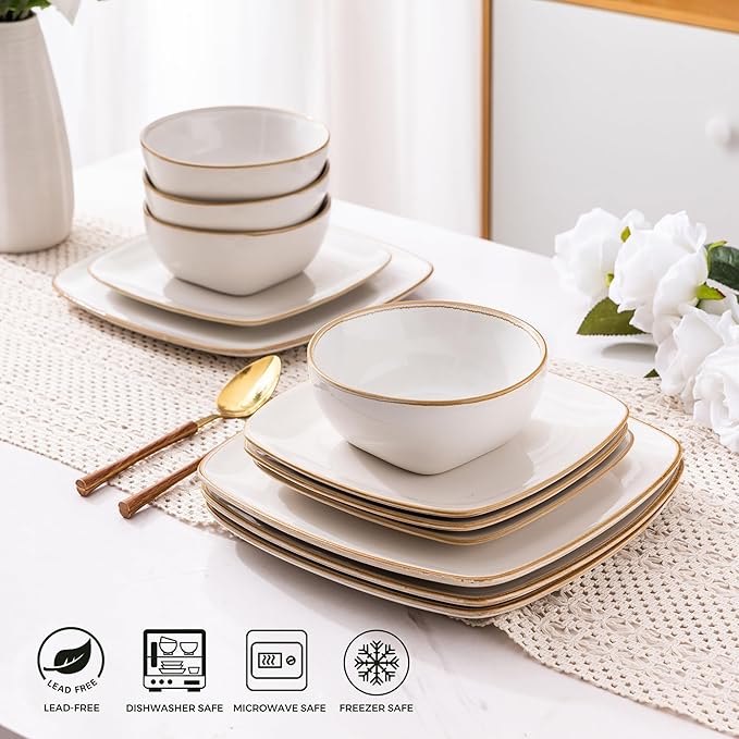 AmorArc Ceramic Dinnerware Sets for 4, 12 Pieces Square Handpainted Plates and Bowls Set, Chip and Scratch Resistant Stoneware Dishes Set, Dishwasher & Microwave Safe, Pearl White