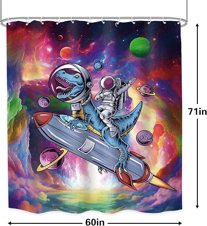 LGhtyro Funny Dinosaur Shower Curtain Bathroom Set 60Wx71H Inches Astronaut Dino Kids Boys Men Cool Universe Planet Galaxy Space Bath Accessories Colorful Cartoon Art Home Decor Fabric 12 Pack Hooks
