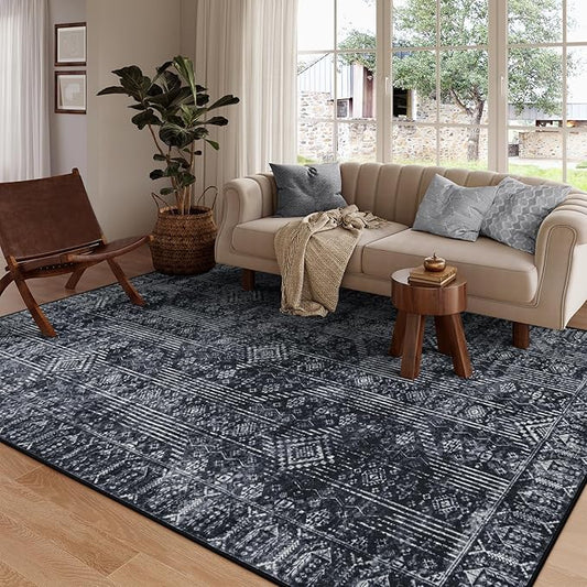 Lahome Black Modern Rugs for Living Room 8x10, Washable Geometric Rug for Bedroom, White and Black Soft Non-Slip Carpet Rug for Office Dining Room Home Apartment