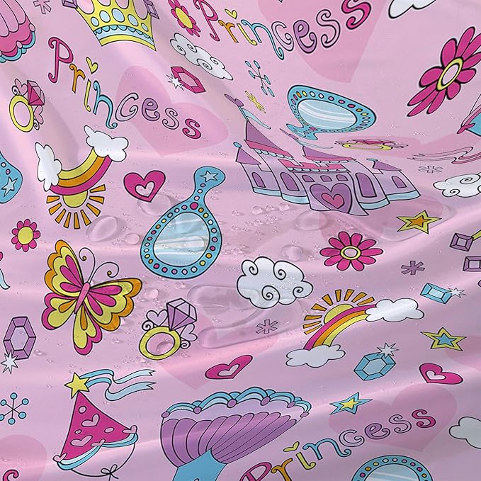 AILONEN Princess Dress Shower Curtain,Cartoon Sparkling Star Diamond Waterproof Shower Curtain Set for Girls Kids Teens, 72" W*84" H Pink Castle Jewelry Shower Curtain for Bathroom
