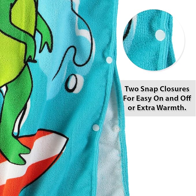 Boys and Girls Absorbent Hooded Beach Towel Pullover Character Microfiber Bath Towel with Side Snaps (Dino, 2-3T)