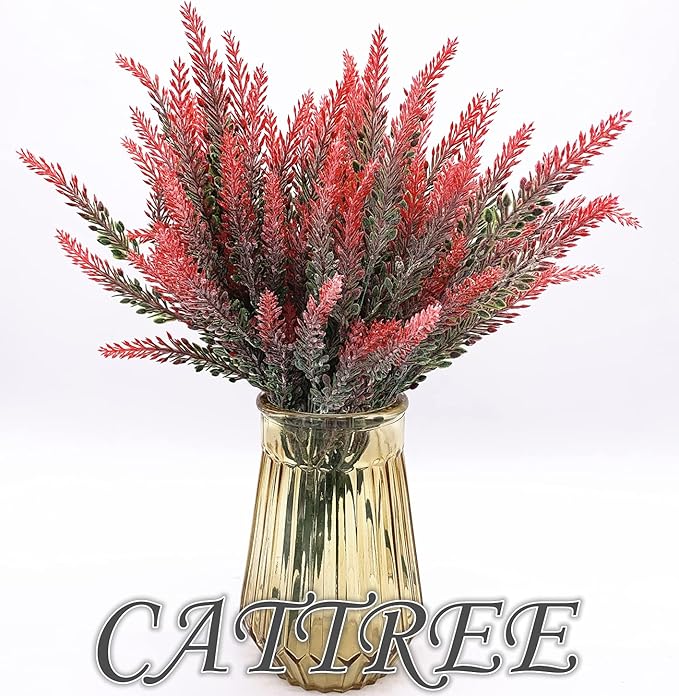CATTREE Artificial Lavender, Plastic Plants Fake Flowers Bouquet Home Bridal Wedding Office Party Garden Balcony Indoor Outdoor DIY Centerpieces Arrangements Simulation Craft Decoration Red 4pcs