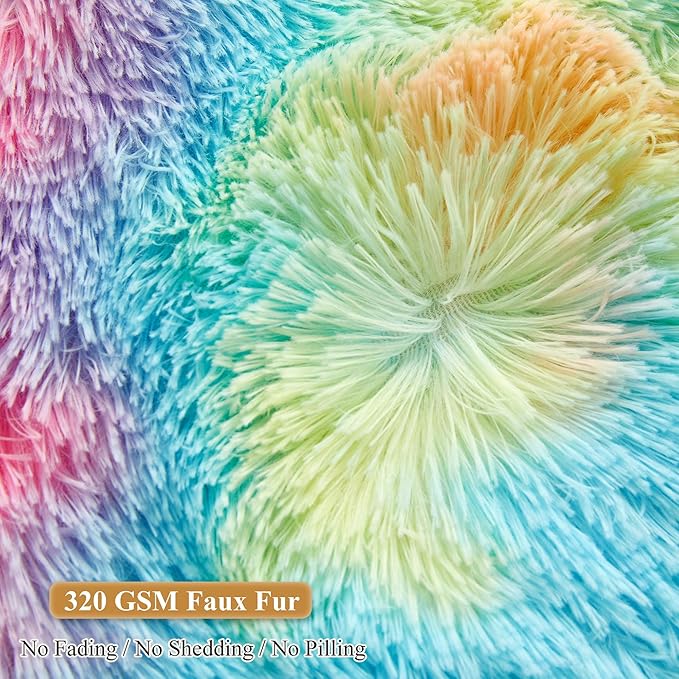XeGe Fluffy Faux Fur Inflatable Pouf Ottoman, Soft Fuzzy Foot Stool, Plush Furry Foot Rest Floor Pouf Anti-Slip for Kids Girls Adult, Cute Foldable Ottoman Cushion Living Room Bedroom, Rainbow