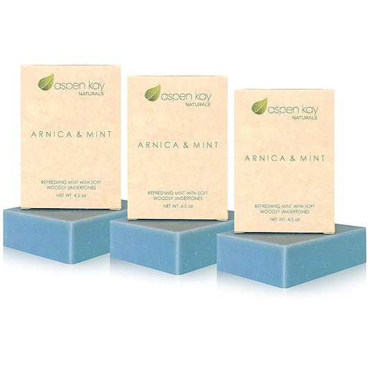 Aspen Kay Naturals Handmade Arnica & Mint Soap. Vegan, Cold processed - Olive, Shea Butter, Coconut, Essential, And Palm oil. All Skin Types & Sensitive Skin, Made in the USA (3 Pack)
