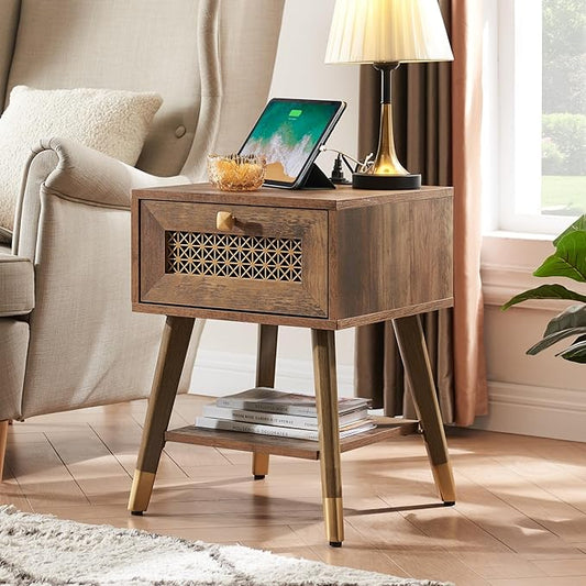 Mid Century Modern End Table for Living Room, Rustic Oak Small Side Tables with Charging Station, Outlets and USB Ports, Wood Nightstand with Storage Drawer and Open Shelf