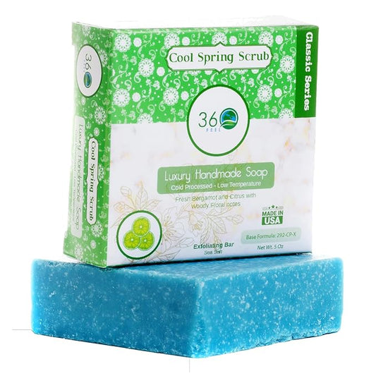 360Feel Cool Spring Scrub Soap - Handcrafted Castile Natural Soap Bar with Soothing Scent - Handmade with Essential Oils - Ideal Gift for Anniversaries, Weddings and Stockings - Rich Lather - 5 Ounce